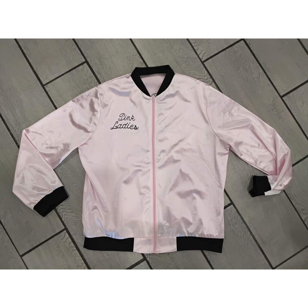 Grease Pink Ladies Satin Bomber Jacket Rhinestone Accents XL Pink Black Zip Up